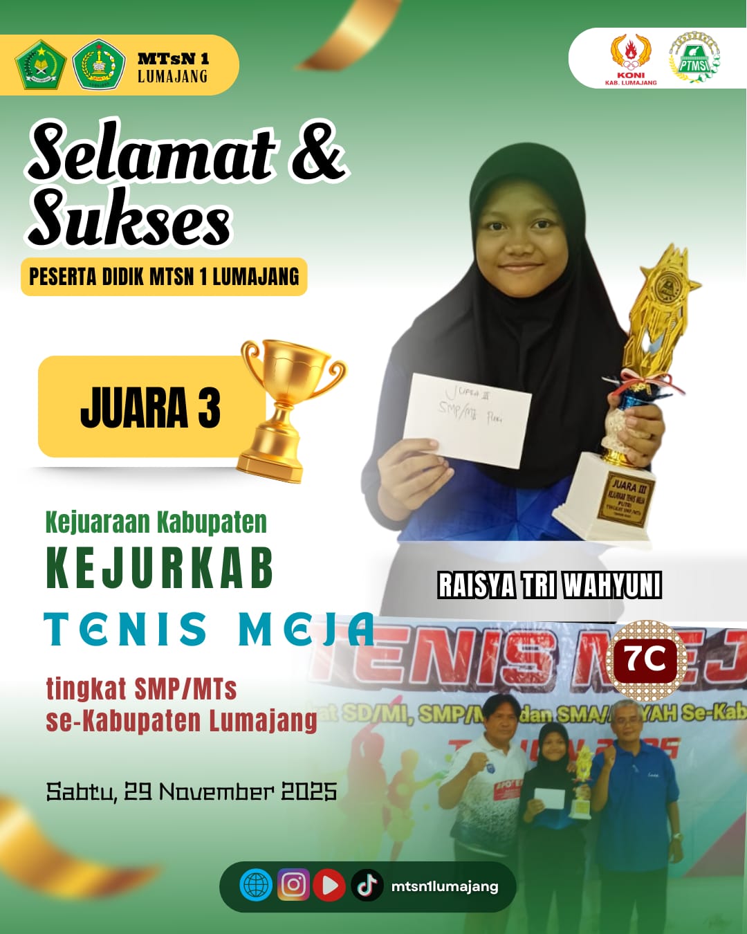 Raisya Tri Wahyuni, Siswi Berprestasi MTsN 1 Lumajang, Raih Juara 3 Kejurkab Tenis Meja